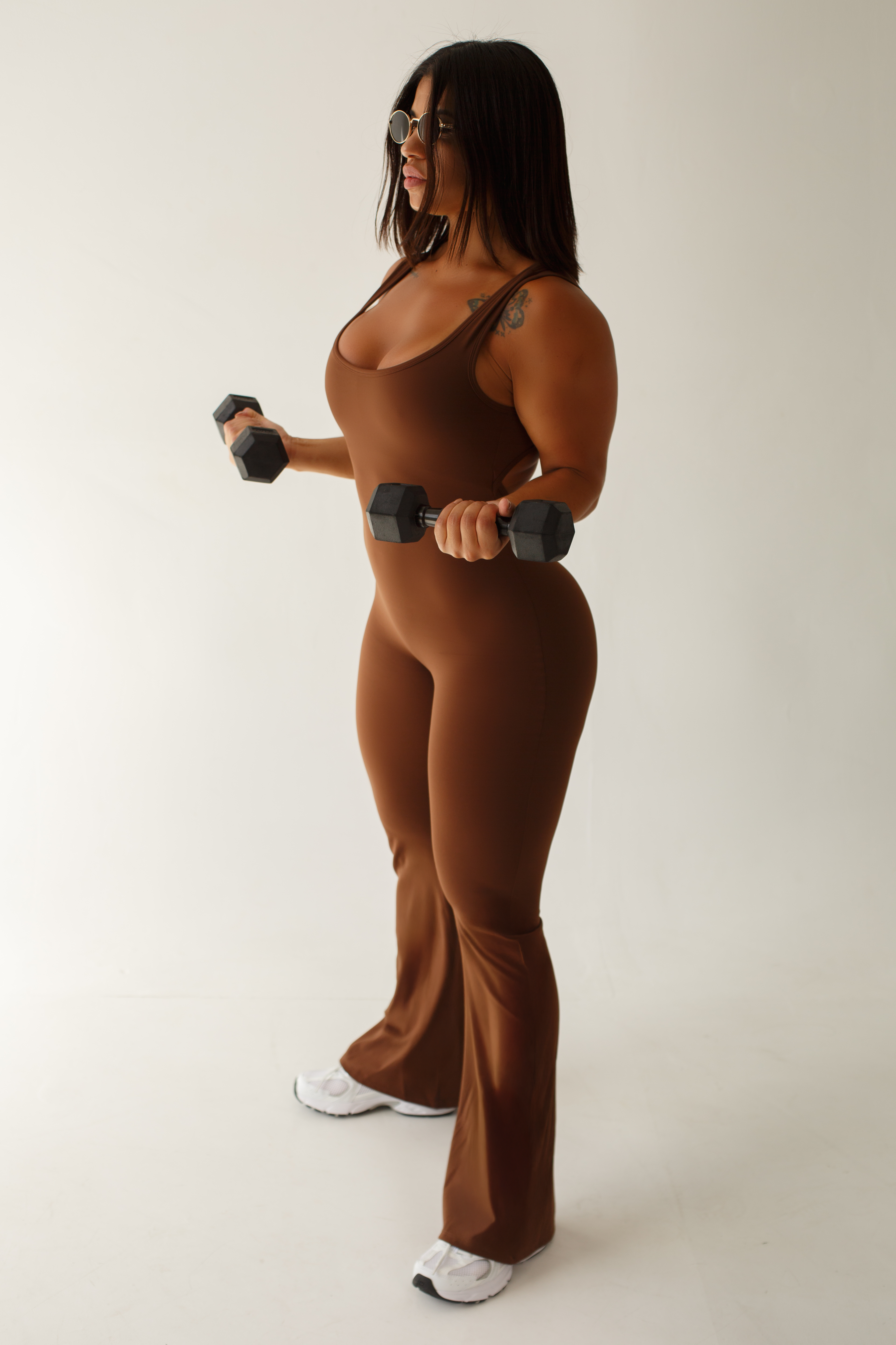 Dark Chocolate Jumpsuit Women Flare Leg V Back | Brown One Piece Workout Bodysuit