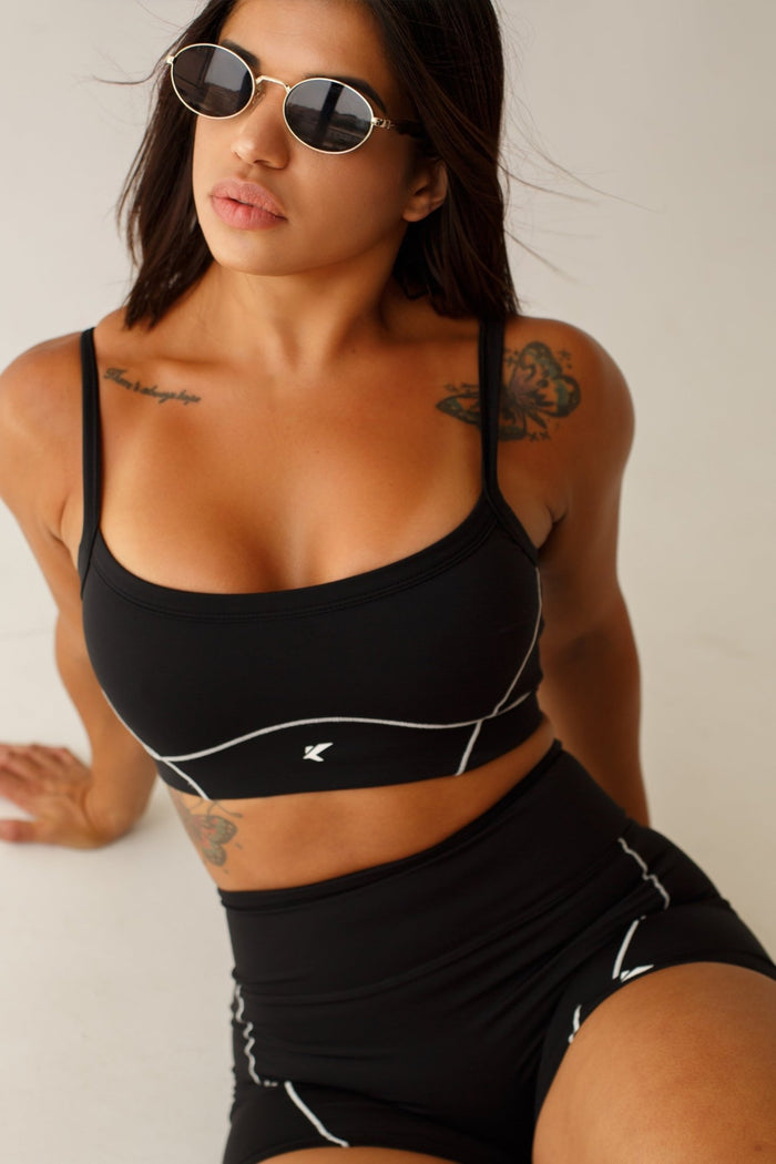Black Gym Set Women White Seam Detail High Waisted Shorts Sports Bra | Contrast Stitch Workout Set - KLYNE