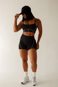 Black Gym Set Women White Seam Detail High Waisted Shorts Sports Bra | Contrast Stitch Workout Set - KLYNE