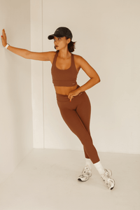 Brown Gym Set Women Cross Back Sports Bra High Waisted Leggings | Chocolate Workout Clothes - KLYNE