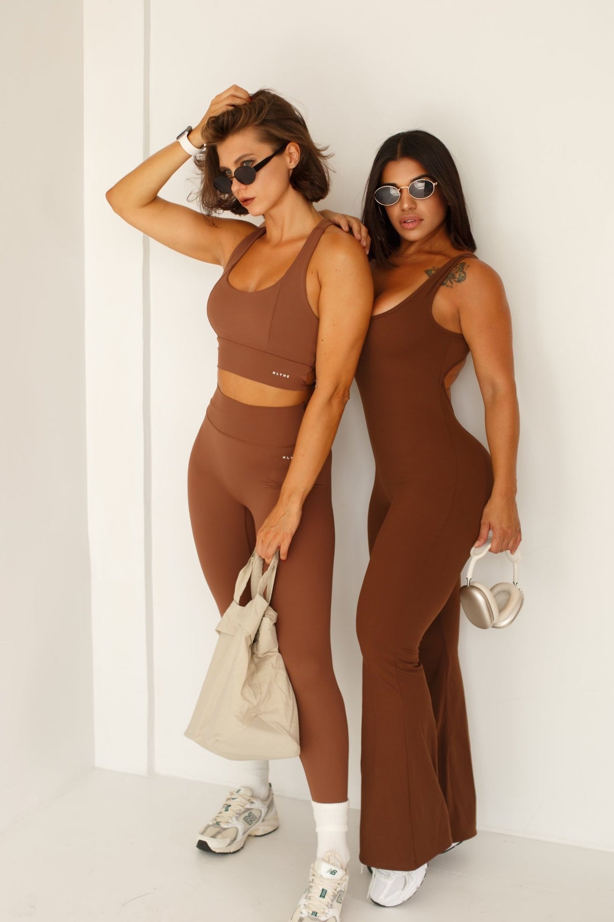 Brown Gym Set Women Cross Back Sports Bra High Waisted Leggings | Chocolate Workout Clothes - KLYNE