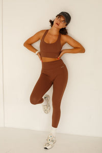 Brown Gym Set Women Cross Back Sports Bra High Waisted Leggings | Chocolate Workout Clothes - KLYNE