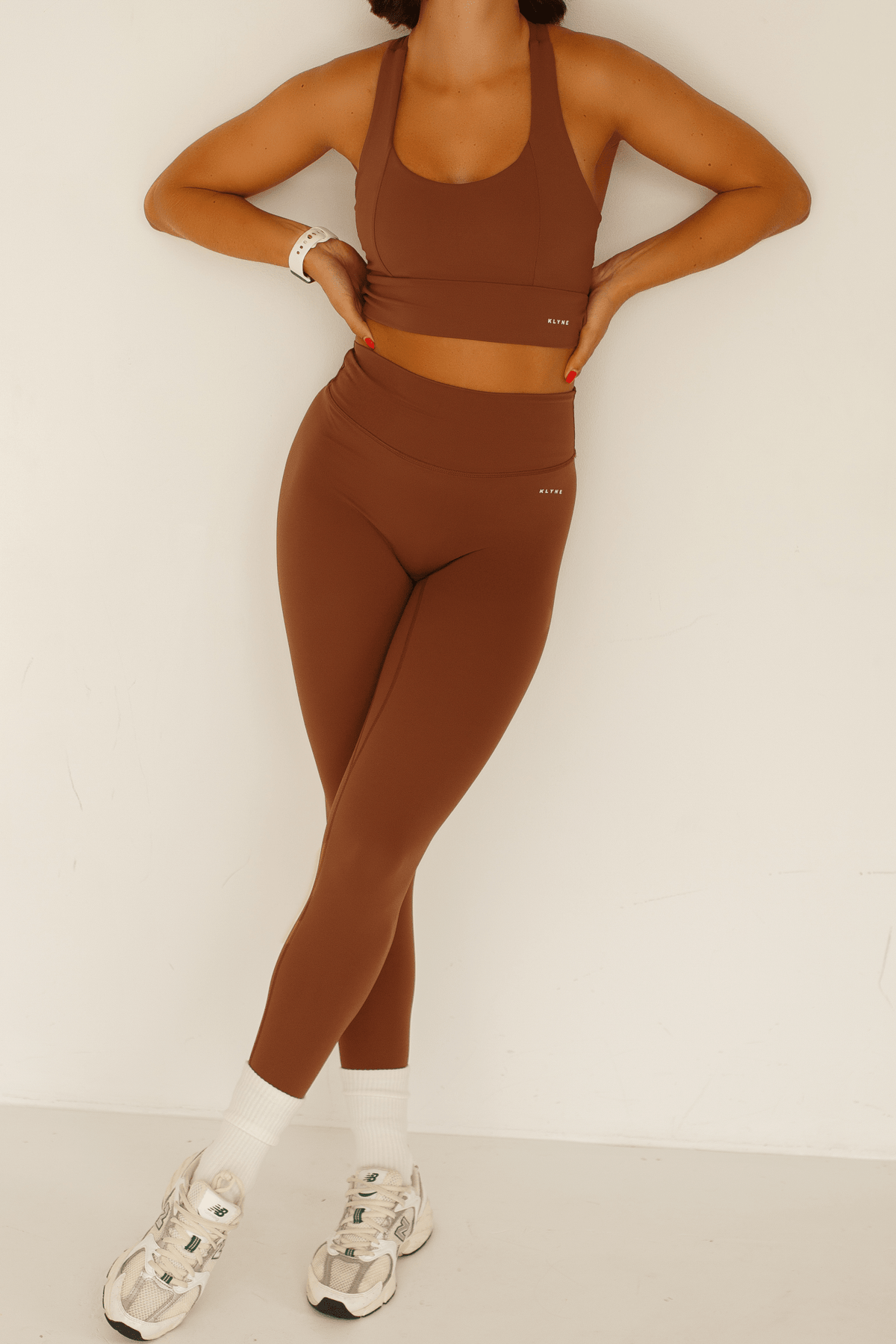 Brown Gym Set Women Cross Back Sports Bra High Waisted Leggings | Chocolate Workout Clothes - KLYNE