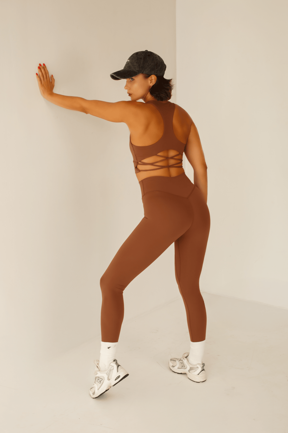 Brown Gym Set Women Cross Back Sports Bra High Waisted Leggings | Chocolate Workout Clothes - KLYNE