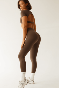 Brown Gym Set Women Twist Front Crop Top High Waisted Leggings | Coffee Workout Clothes - KLYNE