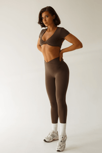 Brown Gym Set Women Twist Front Crop Top High Waisted Leggings | Coffee Workout Clothes - KLYNE
