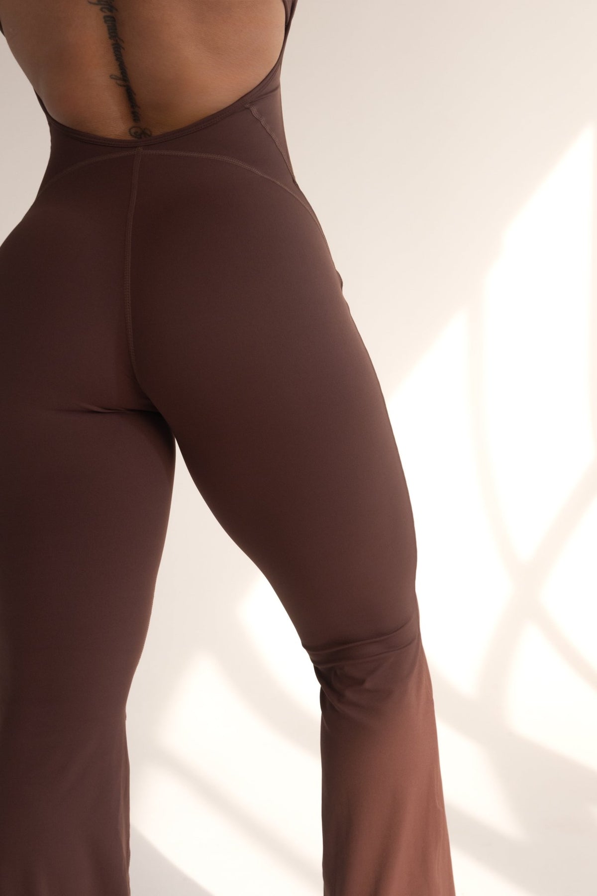 Chocolate Brown Bodysuit and Flare Pants Set Women | Open Back Unitard High Waisted Trousers - KLYNE
