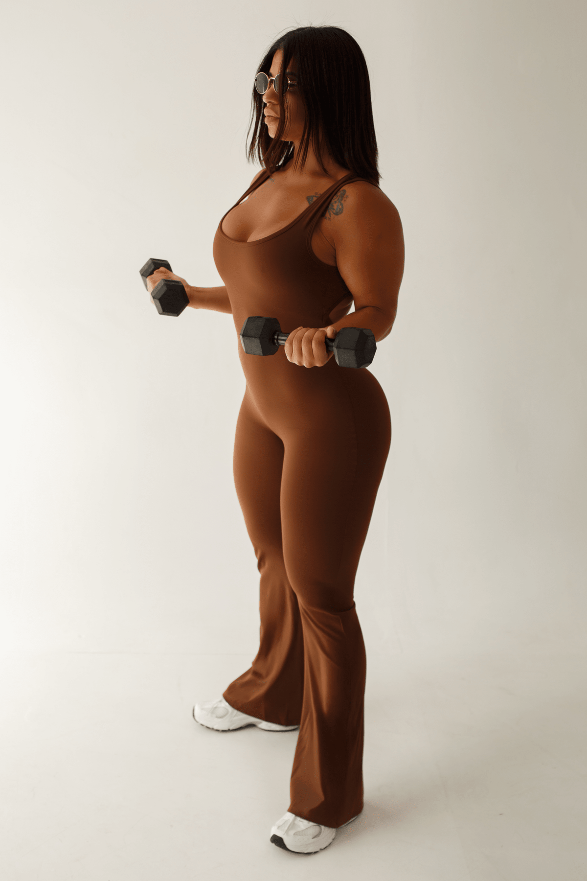 Dark Chocolate Jumpsuit Women Flare Leg V Back | Brown One Piece Workout Bodysuit - KLYNE