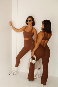 Dark Chocolate Jumpsuit Women Flare Leg V Back | Brown One Piece Workout Bodysuit - KLYNE