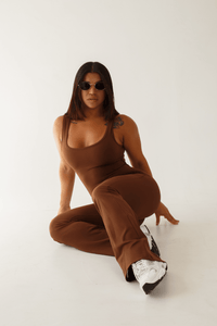 Dark Chocolate Jumpsuit Women Flare Leg V Back | Brown One Piece Workout Bodysuit - KLYNE