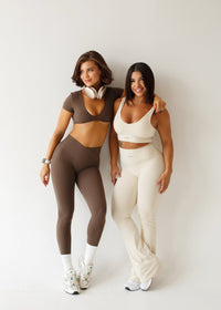 Off White Flare Leggings Set Women Sports Bra Ruched Back Detail | Cream Yoga Pants Outfit - KLYNE