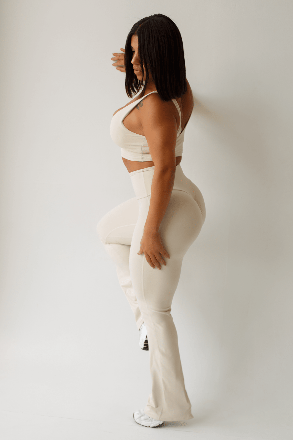 Off White Flare Leggings Set Women Sports Bra Ruched Back Detail | Cream Yoga Pants Outfit - KLYNE