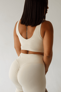 Off White Flare Leggings Set Women Sports Bra Ruched Back Detail | Cream Yoga Pants Outfit - KLYNE