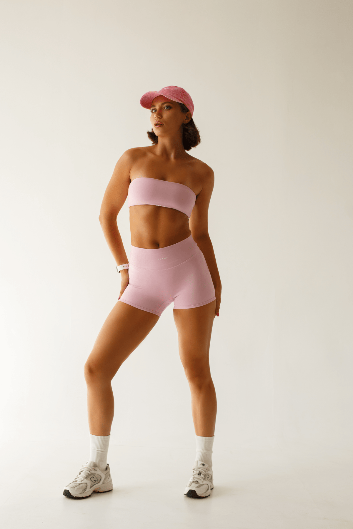 Pink Gym Set Women Bandeau Top High Waisted Shorts | Pastel Workout Clothes Strapless - KLYNE
