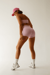 Pink Gym Set Women Bandeau Top High Waisted Shorts | Pastel Workout Clothes Strapless - KLYNE