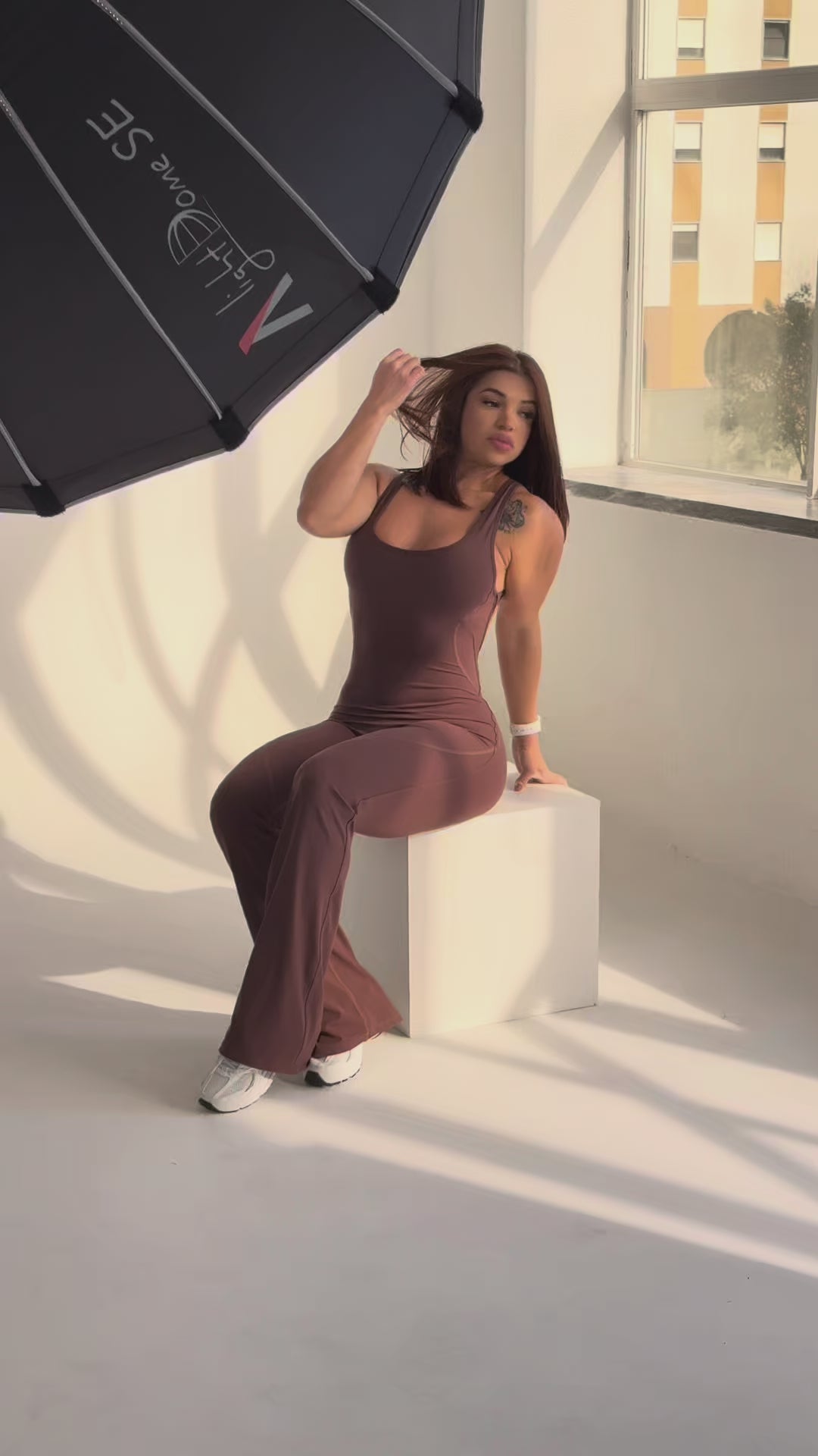 Chocolate Brown Bodysuit and Flare Pants Set Women | Open Back Unitard High Waisted Trousers