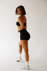 Women's Black Gym Set - Strapless Bandeau Top and High Waisted Shorts | Workout Activewear - KLYNE
