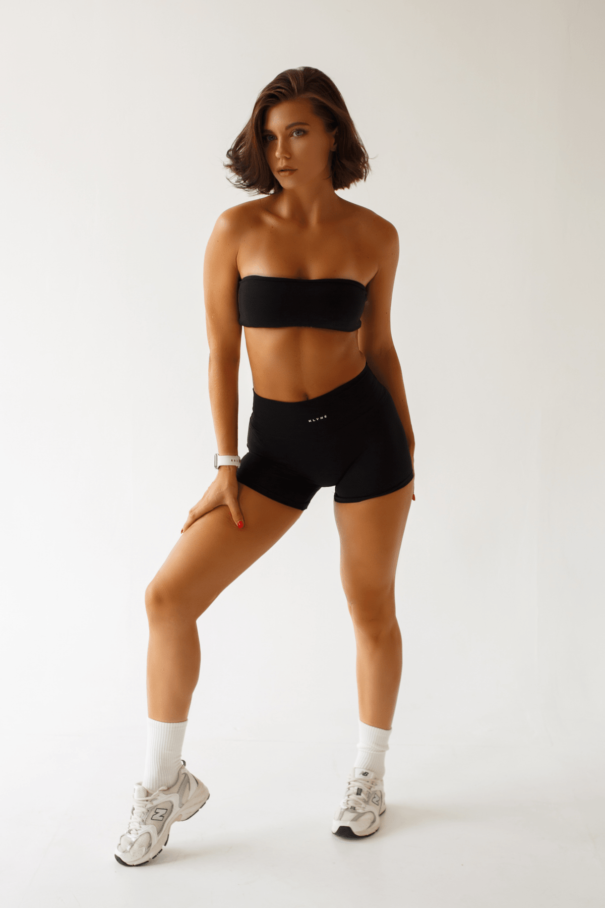Women's Black Gym Set - Strapless Bandeau Top and High Waisted Shorts | Workout Activewear - KLYNE