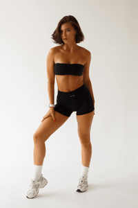 Women's Black Gym Set - Strapless Bandeau Top and High Waisted Shorts | Workout Activewear - KLYNE