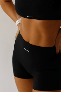 Women's Black Gym Set - Strapless Bandeau Top and High Waisted Shorts | Workout Activewear - KLYNE