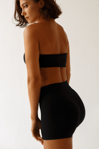 Women's Black Gym Set - Strapless Bandeau Top and High Waisted Shorts | Workout Activewear - KLYNE