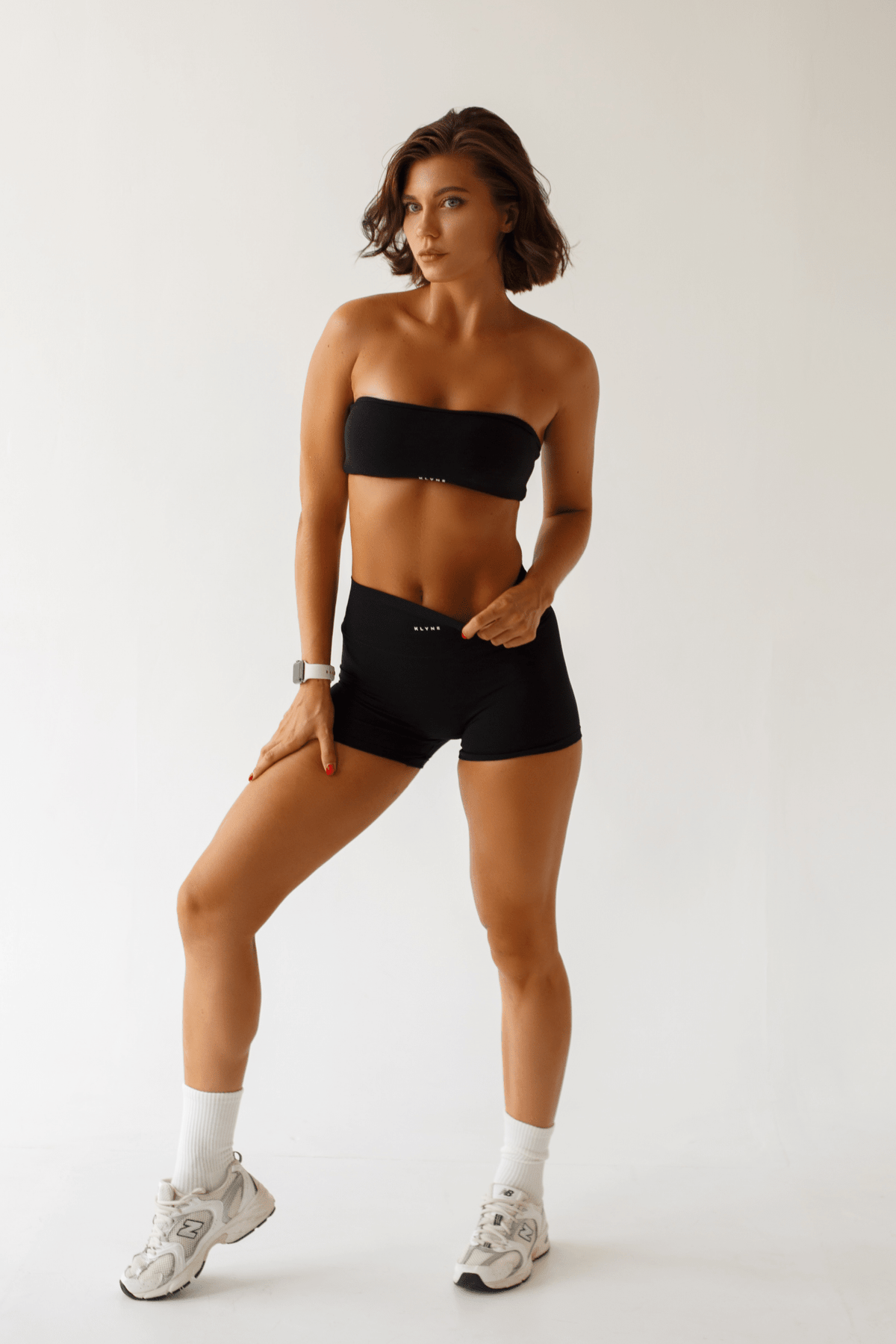 Women's Black Gym Set - Strapless Bandeau Top and High Waisted Shorts | Workout Activewear - KLYNE