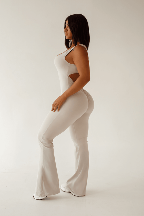 Women's Sand Beige Gym Jumpsuit - KLYNE Sculpt Bodysuit | Seamless Activewear Unitard - KLYNE